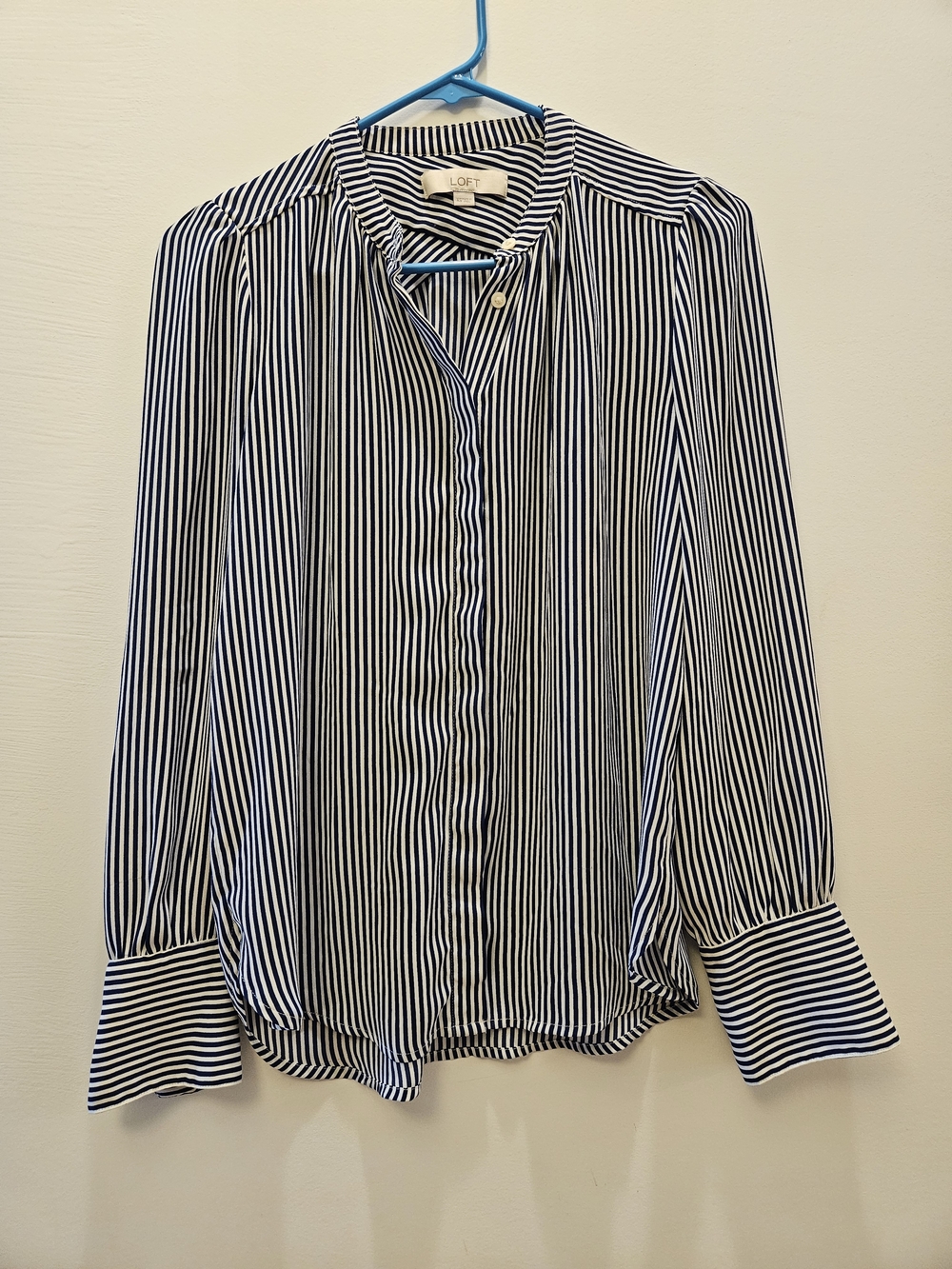 LOFT Navy and White Striped Button-Front Blouse